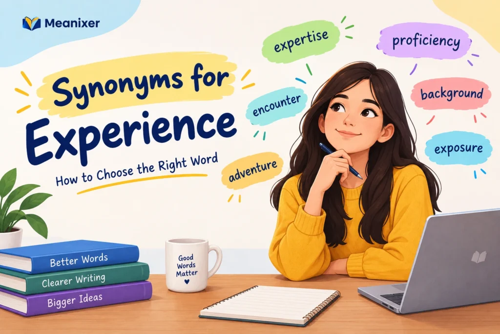 Meanixer featured image for “Synonyms for Experience: How to Choose the Right Word,” featuring an illustrated woman in a mustard sweater surrounded by words such as “expertise,” “proficiency,” “background,” “encounter,” “exposure,” and “adventure.”