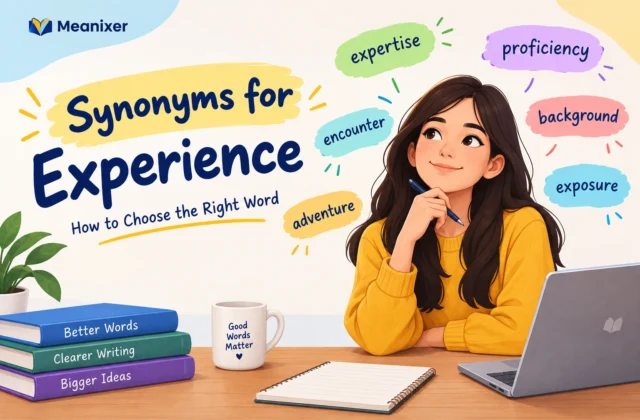 Meanixer featured image for “Synonyms for Experience: How to Choose the Right Word,” featuring an illustrated woman in a mustard sweater surrounded by words such as “expertise,” “proficiency,” “background,” “encounter,” “exposure,” and “adventure.”