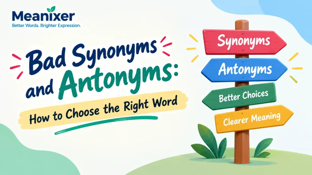 Meanixer featured image for “Bad Synonyms and Antonyms: How to Choose the Right Word,” featuring colorful signposts for synonyms, antonyms, better word choices, and clearer meaning.