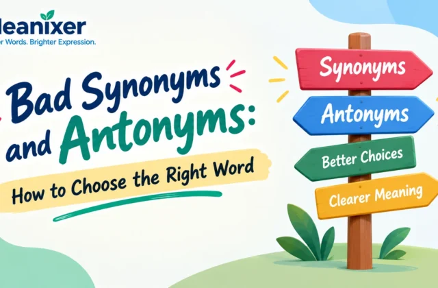 Meanixer featured image for “Bad Synonyms and Antonyms: How to Choose the Right Word,” featuring colorful signposts for synonyms, antonyms, better word choices, and clearer meaning.