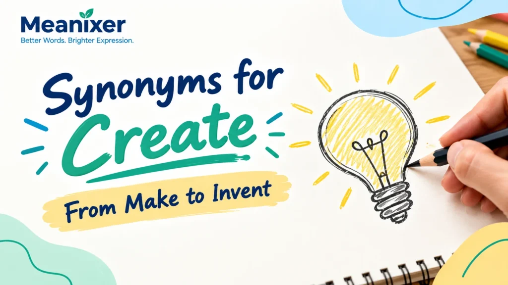 Meanixer featured image for “Synonyms for Create,” showing a hand sketching a lightbulb with the subtitle “From Make to Invent.”