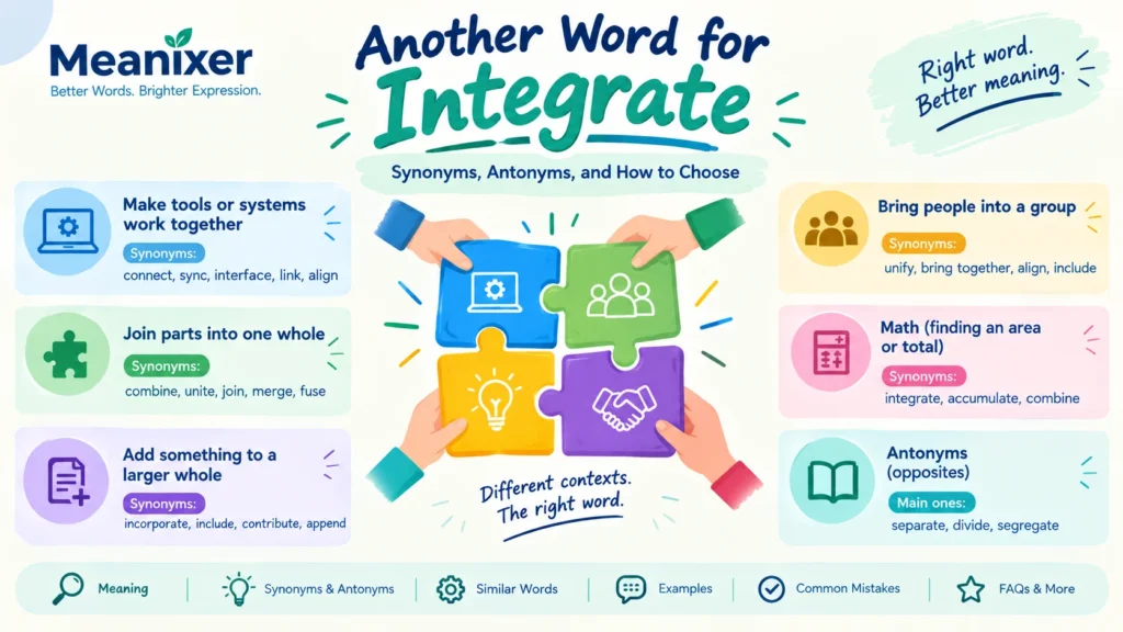 Meanixer featured infographic for “Another Word for Integrate,” showing synonyms and antonyms for integrate across software, joining parts, adding to a whole, bringing people together, and math.