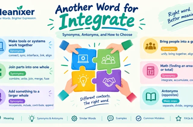 Meanixer featured infographic for “Another Word for Integrate,” showing synonyms and antonyms for integrate across software, joining parts, adding to a whole, bringing people together, and math.
