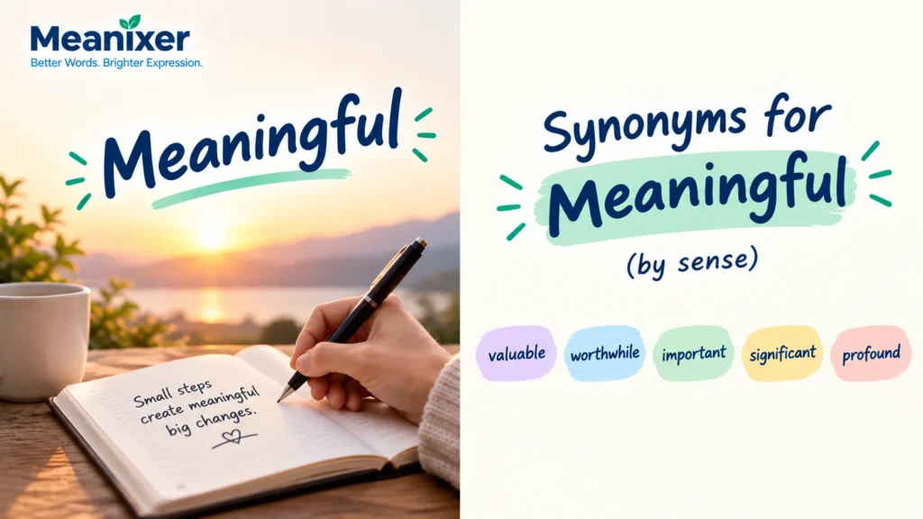 Meanixer featured image for “Synonyms for Meaningful,” showing a person journaling at sunrise alongside five synonyms: valuable, worthwhile, important, significant, and profound.