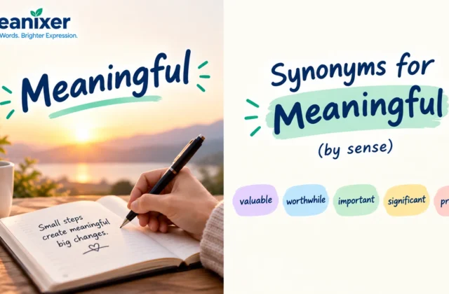 Meanixer featured image for “Synonyms for Meaningful,” showing a person journaling at sunrise alongside five synonyms: valuable, worthwhile, important, significant, and profound.