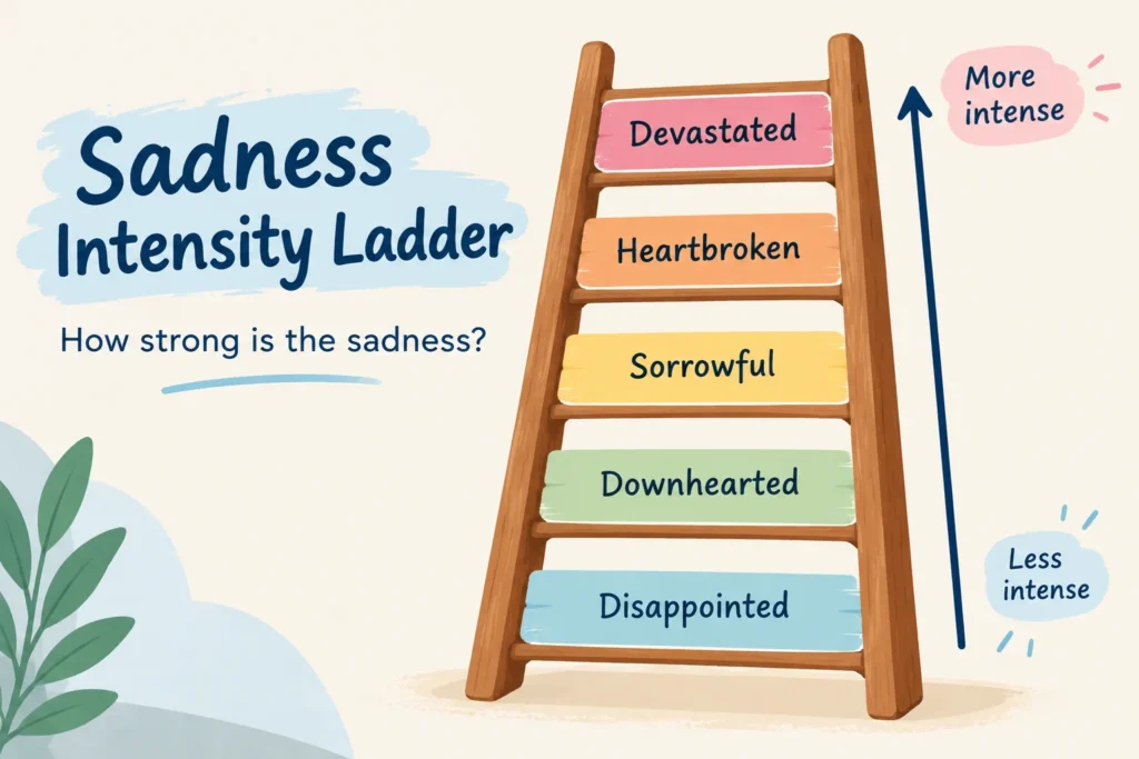Meanixer infographic showing a sadness intensity ladder, ranking “disappointed,” “downhearted,” “sorrowful,” “heartbroken,” and “devastated” from less intense to more intense.