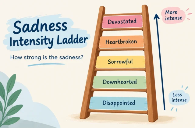 Meanixer infographic showing a sadness intensity ladder, ranking “disappointed,” “downhearted,” “sorrowful,” “heartbroken,” and “devastated” from less intense to more intense.
