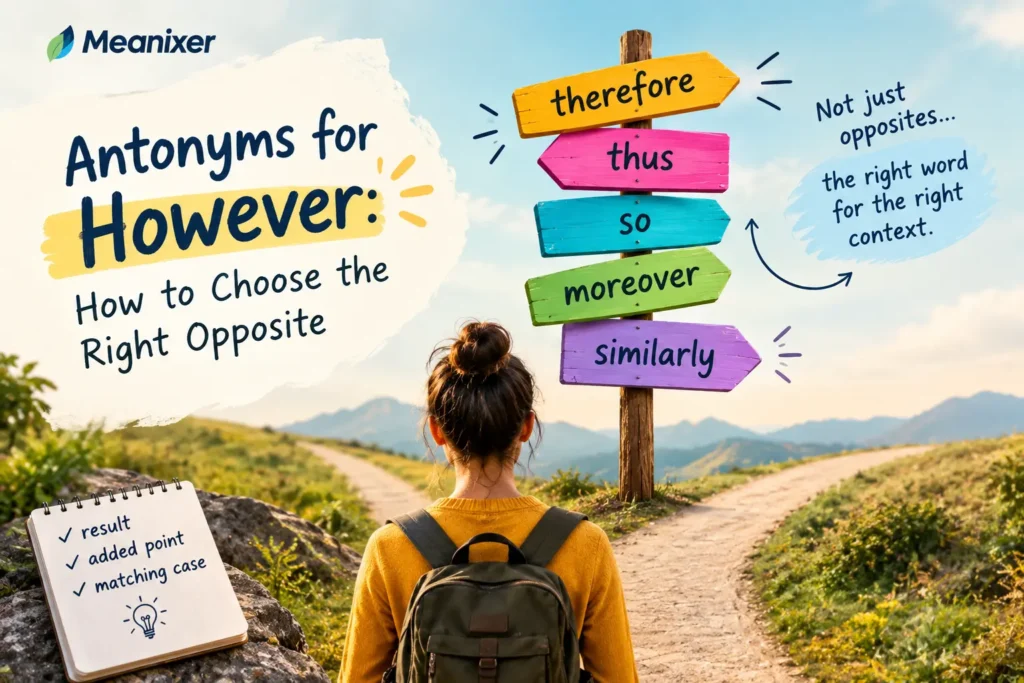 Meanixer featured image for “Antonyms for However,” showing a traveler at a forked mountain path beside colorful signposts labeled “therefore,” “thus,” “so,” “moreover,” and “similarly,” illustrating alternatives that express results, added points, and matching ideas.