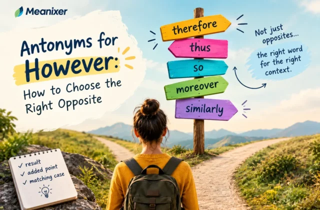 Meanixer featured image for “Antonyms for However,” showing a traveler at a forked mountain path beside colorful signposts labeled “therefore,” “thus,” “so,” “moreover,” and “similarly,” illustrating alternatives that express results, added points, and matching ideas.
