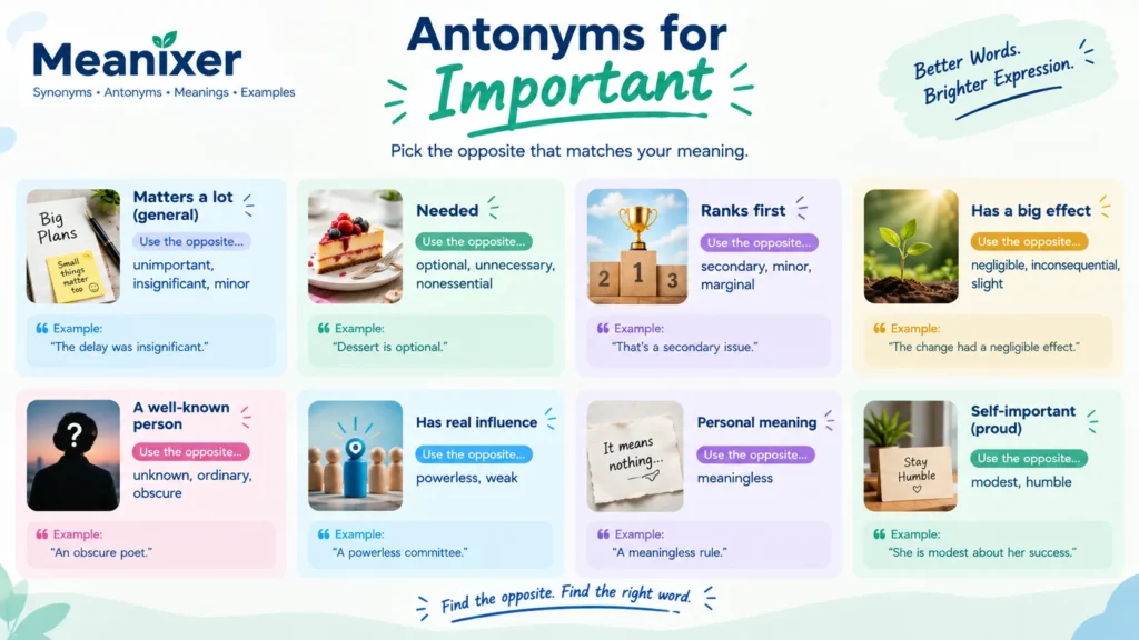 Meanixer infographic showing antonyms for “important,” with opposite words for meanings such as needed, influential, significant, high-priority, and personally meaningful.