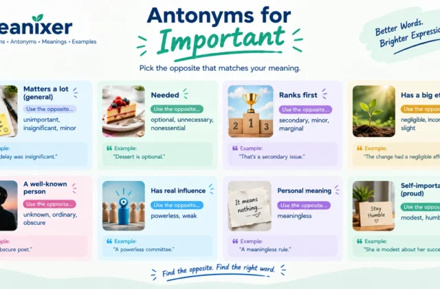 Meanixer infographic showing antonyms for “important,” with opposite words for meanings such as needed, influential, significant, high-priority, and personally meaningful.