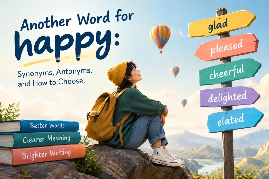 Meanixer featured image for “Another Word for Happy,” showing a traveler overlooking a mountain landscape beside colorful signposts labeled glad, pleased, cheerful, delighted, and elated.