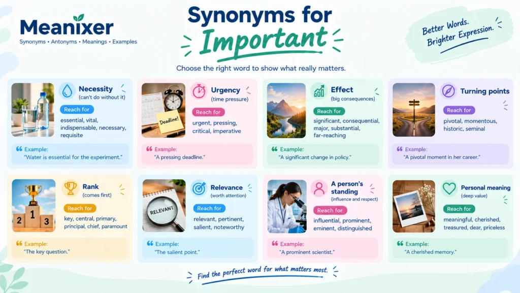 Meanixer infographic featuring synonyms for “important,” with word choices for necessity, urgency, effect, turning points, rank, relevance, a person’s standing, and personal meaning.