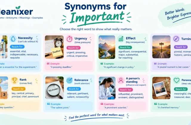 Meanixer infographic featuring synonyms for “important,” with word choices for necessity, urgency, effect, turning points, rank, relevance, a person’s standing, and personal meaning.