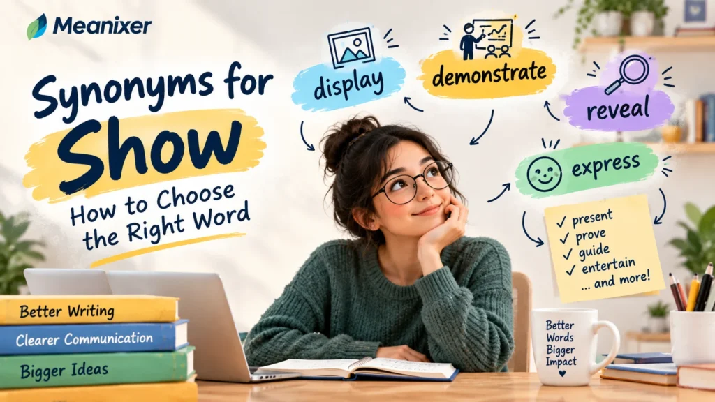 Meanixer featured image for “Synonyms for Show: How to Choose the Right Word,” featuring an illustrated woman surrounded by the synonyms “display,” “demonstrate,” “reveal,” and “express,” with examples of how to use different words for “show.”