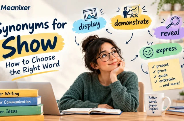 Meanixer featured image for “Synonyms for Show: How to Choose the Right Word,” featuring an illustrated woman surrounded by the synonyms “display,” “demonstrate,” “reveal,” and “express,” with examples of how to use different words for “show.”