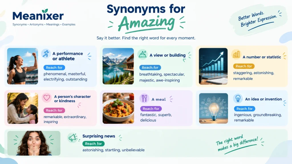 Meanixer infographic showing synonyms for “amazing,” with better word choices for performances, views, statistics, character, meals, ideas, inventions, and surprising news.