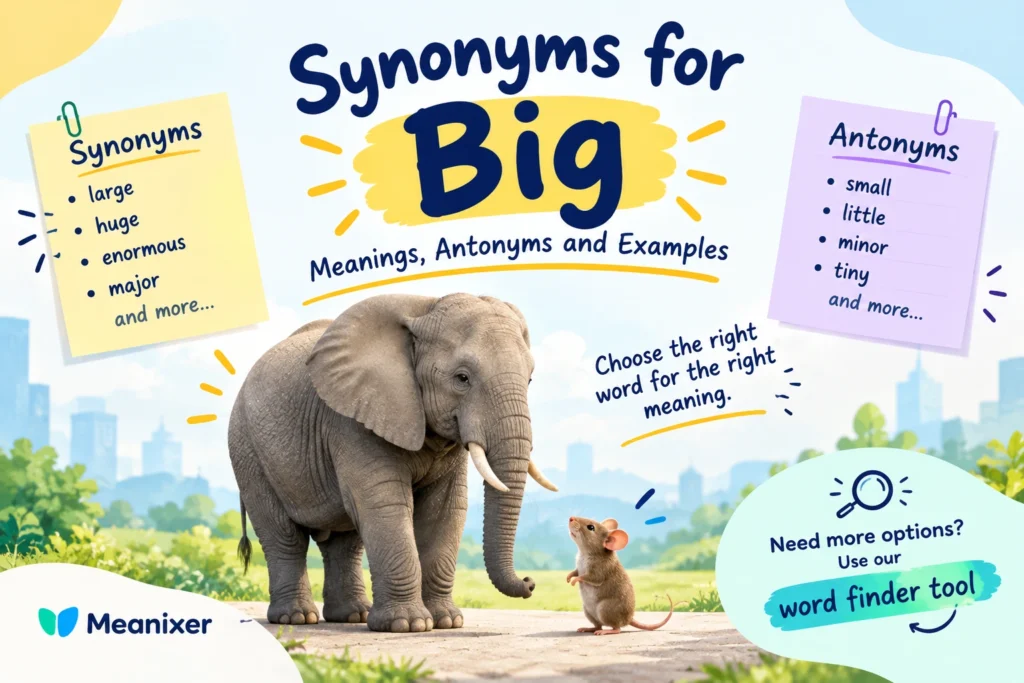 Featured image for “Synonyms for Big: Meanings, Antonyms and Examples,” featuring an elephant beside a tiny mouse to illustrate size differences, with colorful lists of synonyms such as “large,” “huge,” and “enormous,” antonyms such as “small,” “little,” and “tiny,” and Meanixer branding.