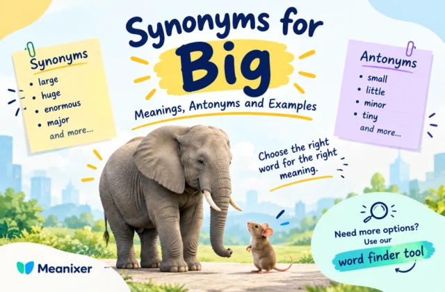 Featured image for “Synonyms for Big: Meanings, Antonyms and Examples,” featuring an elephant beside a tiny mouse to illustrate size differences, with colorful lists of synonyms such as “large,” “huge,” and “enormous,” antonyms such as “small,” “little,” and “tiny,” and Meanixer branding.