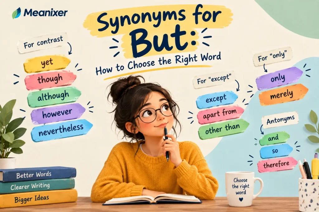 Meanixer featured image for “Synonyms for But: How to Choose the Right Word,” featuring an illustrated woman in a mustard sweater surrounded by colorful word labels grouping alternatives for contrast, including “yet,” “though,” “although,” “however,” and “nevertheless,” along with alternatives for “except” and “only.”