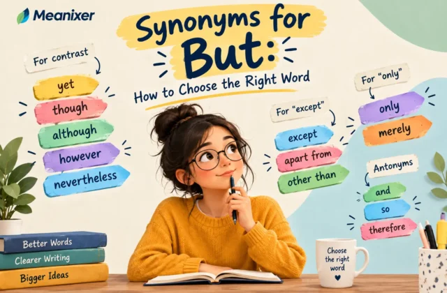 Meanixer featured image for “Synonyms for But: How to Choose the Right Word,” featuring an illustrated woman in a mustard sweater surrounded by colorful word labels grouping alternatives for contrast, including “yet,” “though,” “although,” “however,” and “nevertheless,” along with alternatives for “except” and “only.”