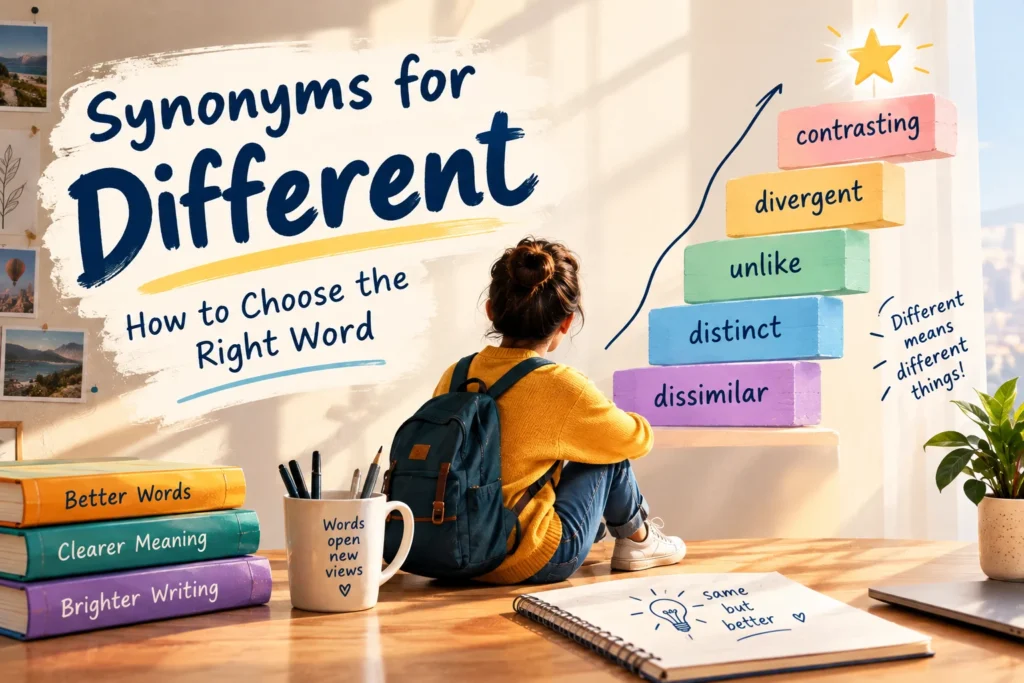 Meanixer featured image for “Synonyms for Different,” showing a student exploring word choices on a colorful ladder featuring dissimilar, distinct, unlike, divergent, and contrasting.