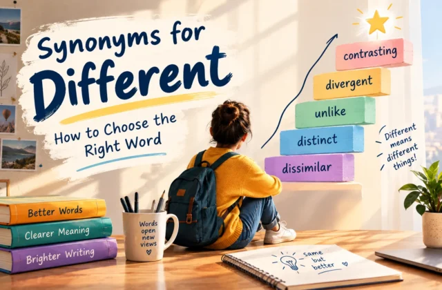 Meanixer featured image for “Synonyms for Different,” showing a student exploring word choices on a colorful ladder featuring dissimilar, distinct, unlike, divergent, and contrasting.