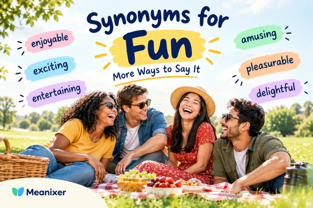 Friends laughing together on a picnic blanket in a sunny park, with colorful words illustrating synonyms for fun, including enjoyable, exciting, entertaining, amusing, pleasurable, and delightful.