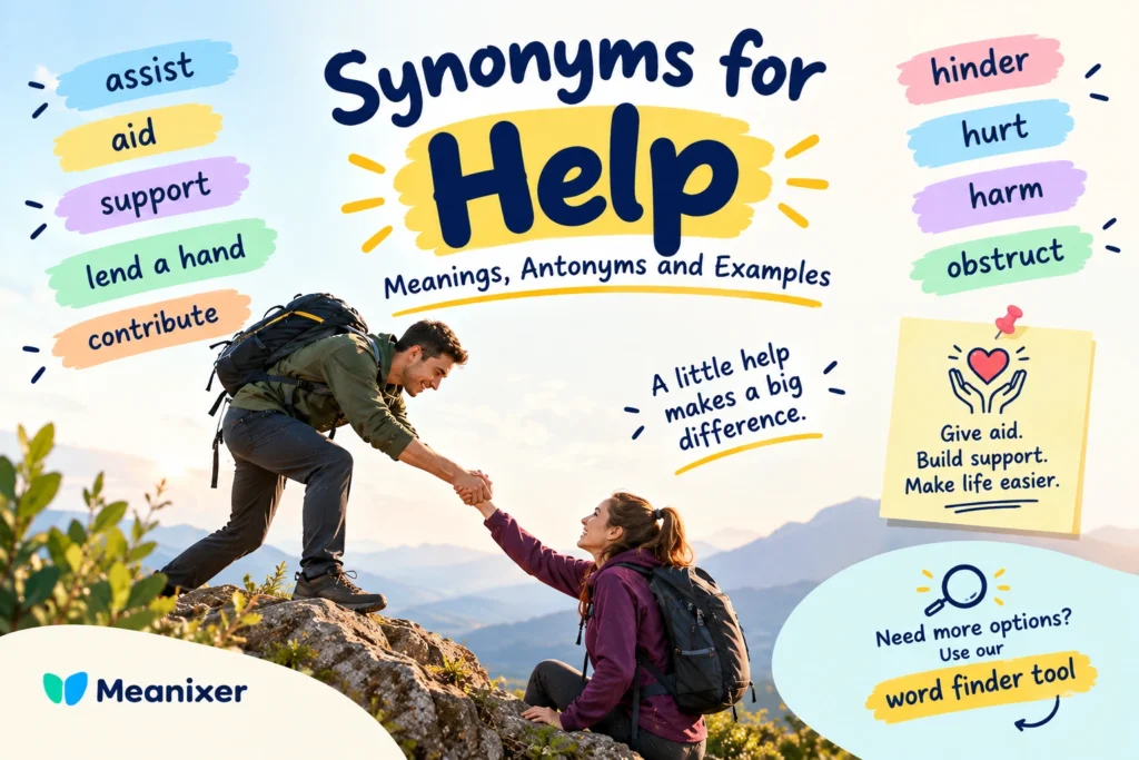 “Synonyms for Help: Meanings, Antonyms and Examples,” showing one hiker helping another climb a rocky trail, surrounded by colorful labels featuring synonyms such as “assist,” “aid,” “support,” and “lend a hand,” and antonyms such as “hinder,” “hurt,” “harm,” and “obstruct,” with Meanixer branding.