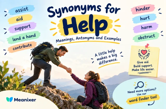 “Synonyms for Help: Meanings, Antonyms and Examples,” showing one hiker helping another climb a rocky trail, surrounded by colorful labels featuring synonyms such as “assist,” “aid,” “support,” and “lend a hand,” and antonyms such as “hinder,” “hurt,” “harm,” and “obstruct,” with Meanixer branding.