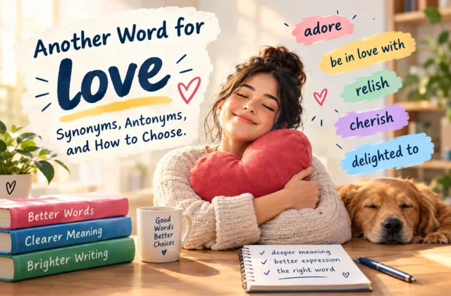 Meanixer featured image for “Synonyms for Love,” showing a woman hugging a heart-shaped pillow beside colorful word labels for adore, be in love with, relish, cherish, and delighted to.