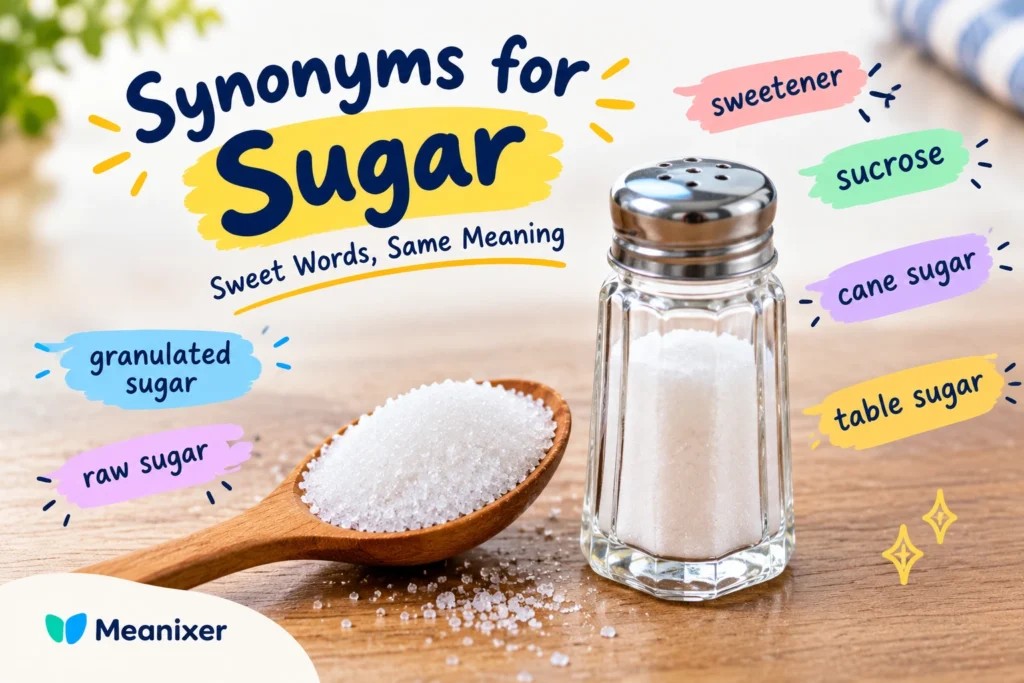 Featured image for “Synonyms for Sugar,” showing a wooden spoon filled with sugar crystals beside a glass shaker, with colorful labels featuring related terms such as “sweetener,” “sucrose,” “cane sugar,” “table sugar,” “granulated sugar,” and “raw sugar.”