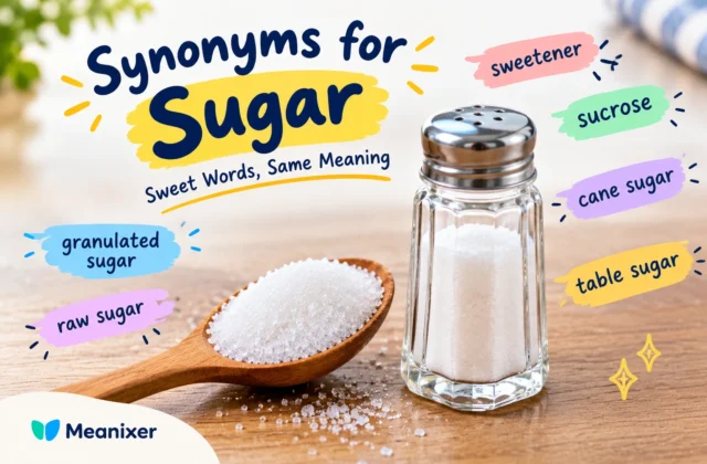 Featured image for “Synonyms for Sugar,” showing a wooden spoon filled with sugar crystals beside a glass shaker, with colorful labels featuring related terms such as “sweetener,” “sucrose,” “cane sugar,” “table sugar,” “granulated sugar,” and “raw sugar.”